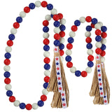 Patriotic Wood Bead Garland,YuanDe 2pcs 4th of July American Wooden Beads String Jute Rope Tassel,Farmhouse Rustic Hanging Bead Garland for Memorial Independence Day Vase Tiered Tray Wall Decor Gift YuanDe