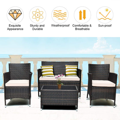 Tangkula 8 PCS Patio Rattan Conversation Set, Outdoor Wicker Furniture Set with Tempered Glass Coffee Table &Thick Cushion, Rattan Chair Wicker Set for Garden, Lawn, Poolside and Backyard (2, - WoodArtSupply