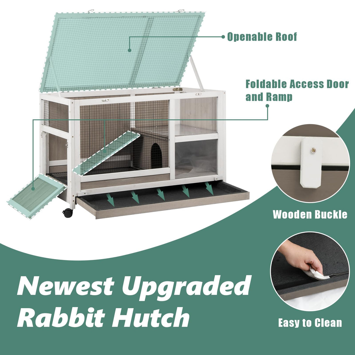 Gowoodhut Indoor Rabbit Hutch - 36''L Outdoor Wooden Bunny Hutch with Wheels Rabbit Cage Guinea Pig Cages Removable Pull Out Tray, Ramp, Hideout, Small Animals Pet House Hamster Ferret for Bunny Cage Gowoodhut