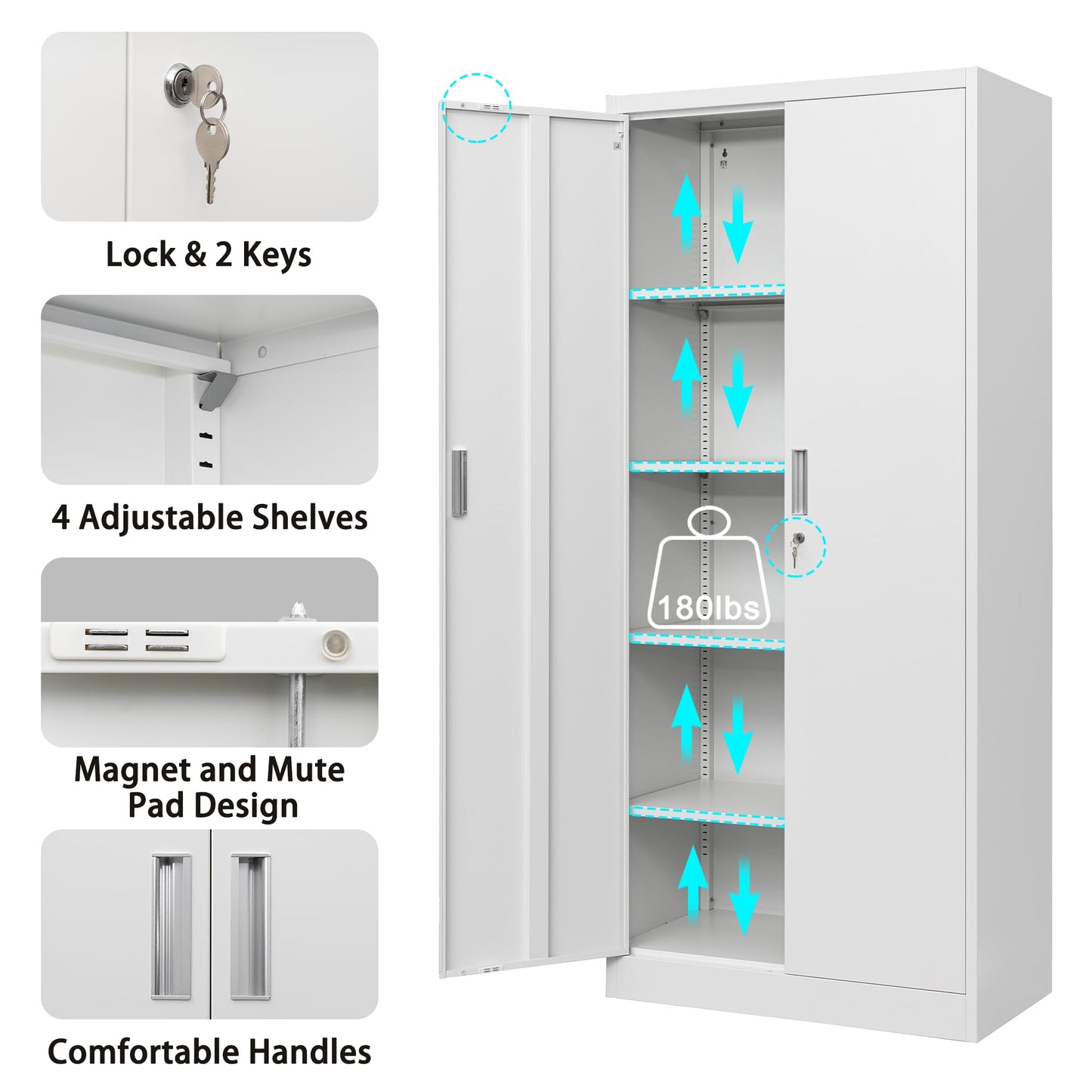 CMY Metal Storage Cabinet with Locking Doors and Adjustable Shelves, 72”H Steel Storage Cabinets for Garage, Home Office, Pantry (White) - WoodArtSupply