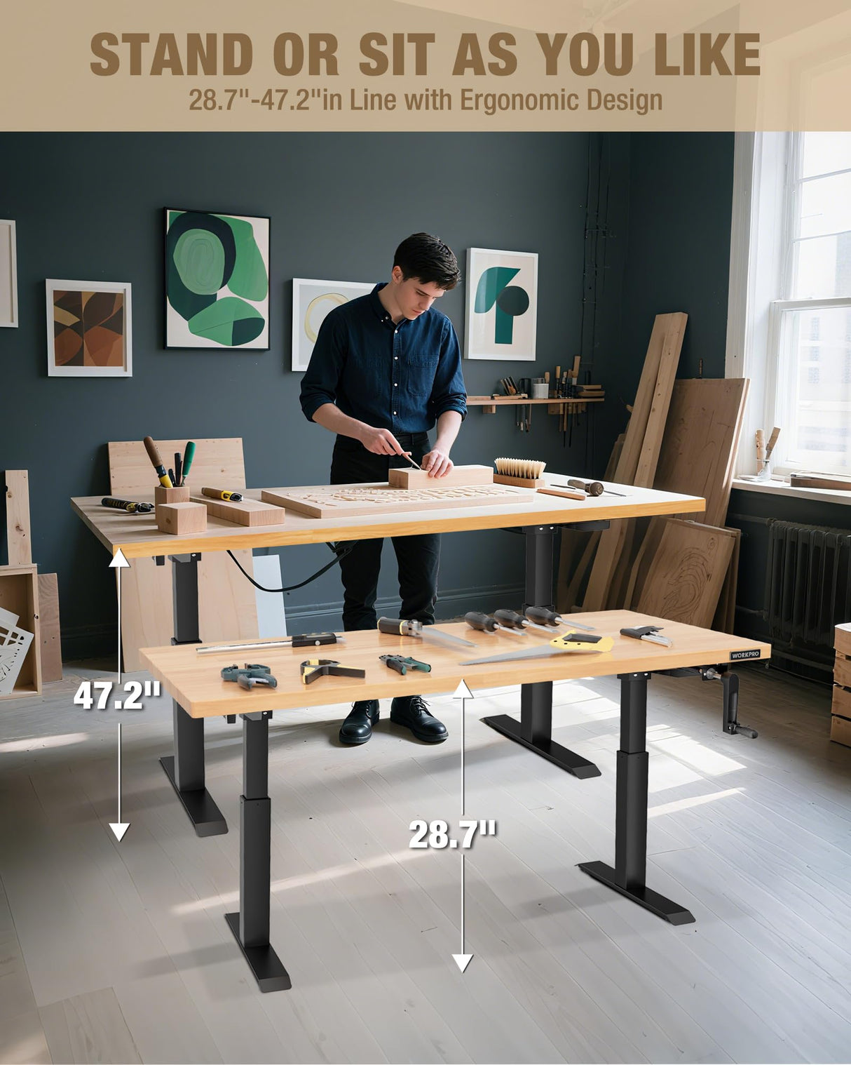 WORKPRO Adjustable Workbench with Crank Handle, 47.2" x 23.6" Rubber Wood Worktable 300LBS Load Capacity,Height-Adjustable Standing Desk for Workshop, Garage WORKPRO