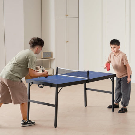 VEVOR Ping Pong Table, Mid-Size Table Tennis Game, Indoor MDF Table Tennis Table, Foldable Portable Complete Ping Pong Table Set with Net, 2 Paddles, 3 Balls, Carry Bag, Handle (No Assembly Required) VEVOR