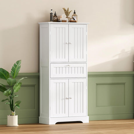ChooChoo 51" H Tall Bathroom Floor Cabinet, Modern Bathroom Storage Cabinet with Drawer and Adjustable Shelves, Freestanding Kitchen Pantry Cupboard with 4 Doors for Living Room, White ChooChoo