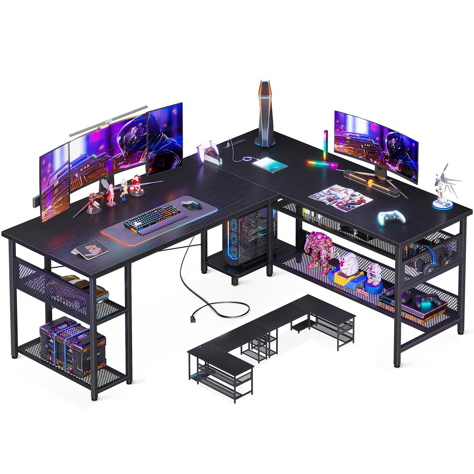 ODK 59" L Shaped Desk with Power Outlet, USB Ports, and Ample Storage - Reversible Black Home Office and Gaming Corner Desk - WoodArtSupply