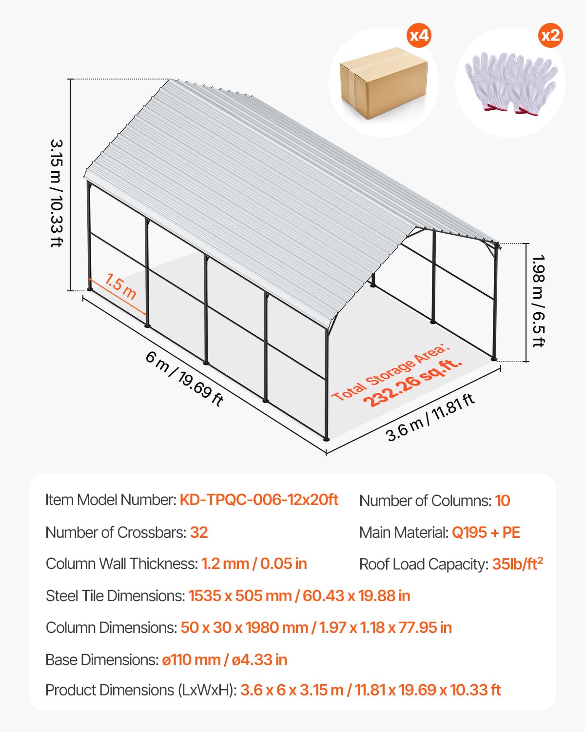 VEVOR Heavy Duty Metal Carport, 12' x 20' Outdoor Carport with Galvanized Steel Frame & Roof, Car Tent Garage Shade with Removable Sidewalls, Multi-Use Car Shelter for Pickup, Boat, Car & Tractors VEVOR