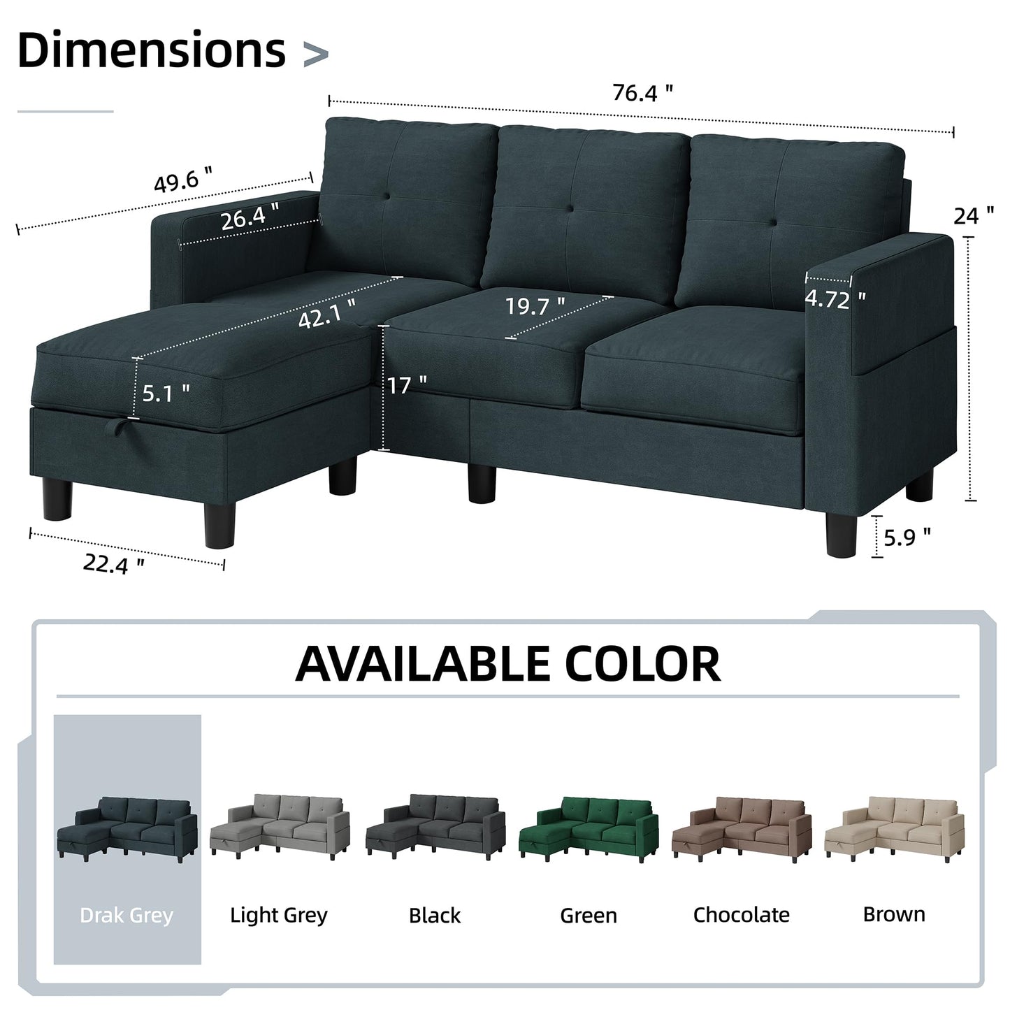 Shintenchi 79 Inch Convertible Sectional Sofa Couch, Modern Linen Fabric L-Shaped , 3-Seat Sofa Sectional with Reversible Chaise for Living Room, Apartment and Small Space (Dark Grey)