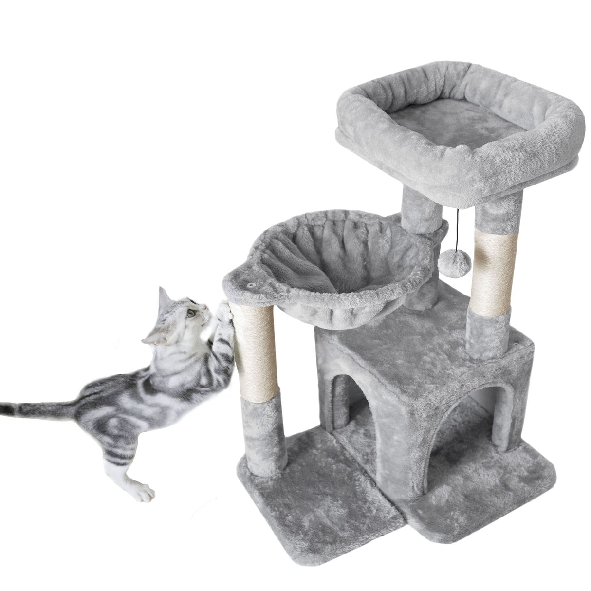 Pesofer Cat Tree, Small Cat Tower with Sisal Scratching Post and Hammock Light Gray Pesofer