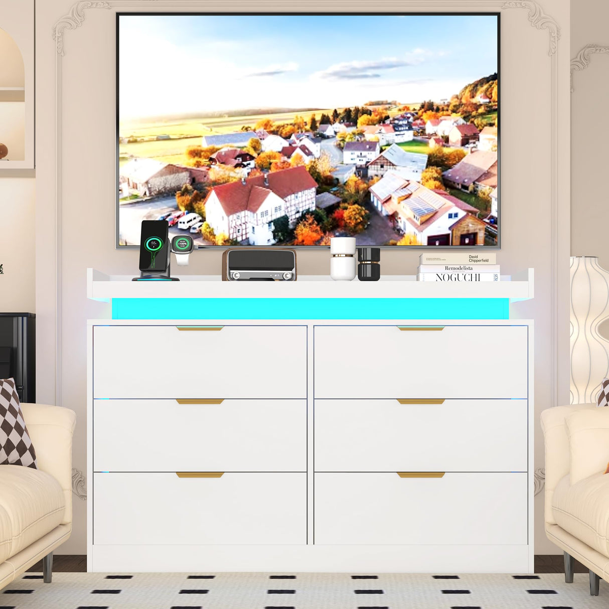 6 Drawer Dresser for Bedroom, White Dresser with LED Lights and Power Outlet, Modern Chest of Drawers for Closet, Double Wide Drawer Organizer Cabinet for Bedroom, Living Room, Entryway, Hallway knoworld