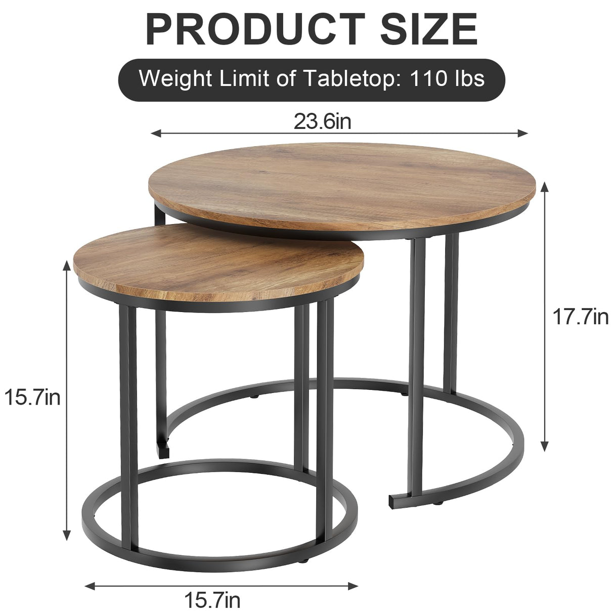 Garden 4 you Nesting Coffee Table, 23.6" Round Coffee Table Set of 2, Wooden Nesting Table Set for with Metal Frame, Side Tables for Living Room Bedroom Balcony, Brown Garden 4 you