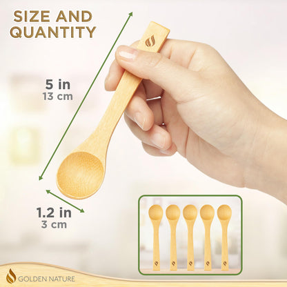 Golden Nature Bamboo Spoon Set (5 Pc), Small Kitchen Teaspoons, Tiny Wooden Spoons Perfect for Sugar, Spices, Seasoning, Coffee, Jam, Herbs, Honey & Dessert