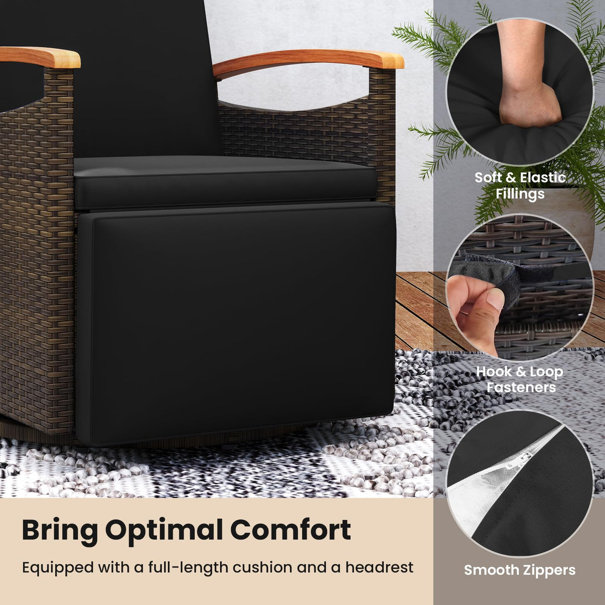 Tangkula Patio Rattan 360 Degree Swivel Recliner Chair, Wicker Lounge Chair w/Adjustable Backrest & Footrest, Cushioned Push Back Reclining Seat w/Flip Side Table for Porch, Yard, Lawn (1, Black) Tangkula