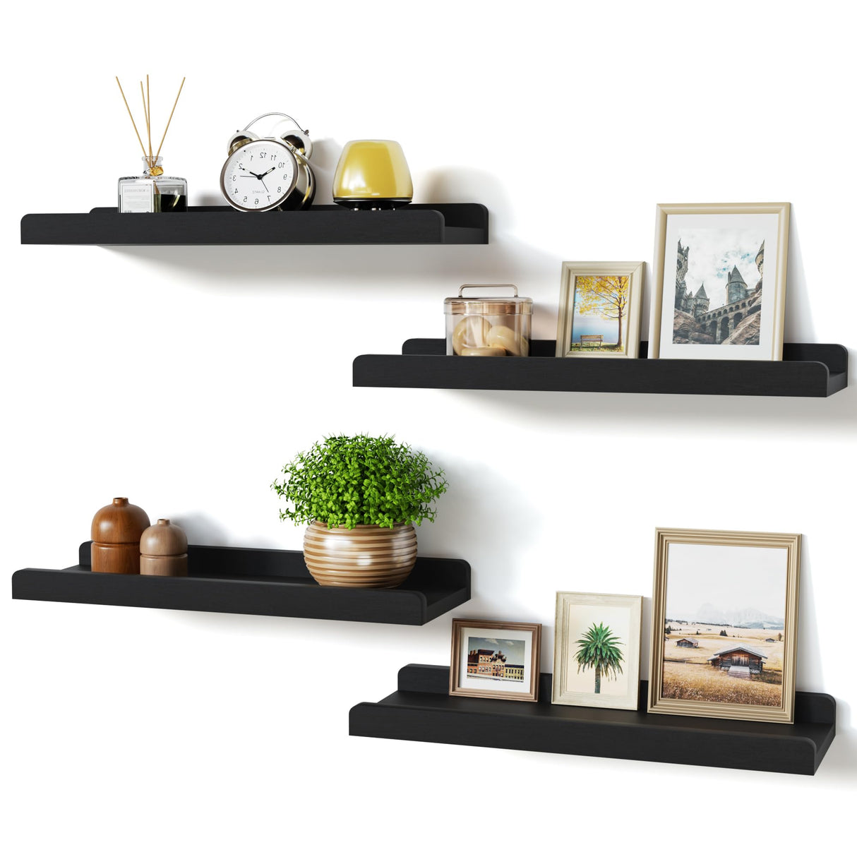 Love-KANKEI Black Floating Shelves for Wall Set of 4, Wood Wall Shelves with Lip,15.6 Inch Rustic Hanging Shelves for Bedroom Bathroom Living Room Kitchen Nursery Display Love-KANKEI