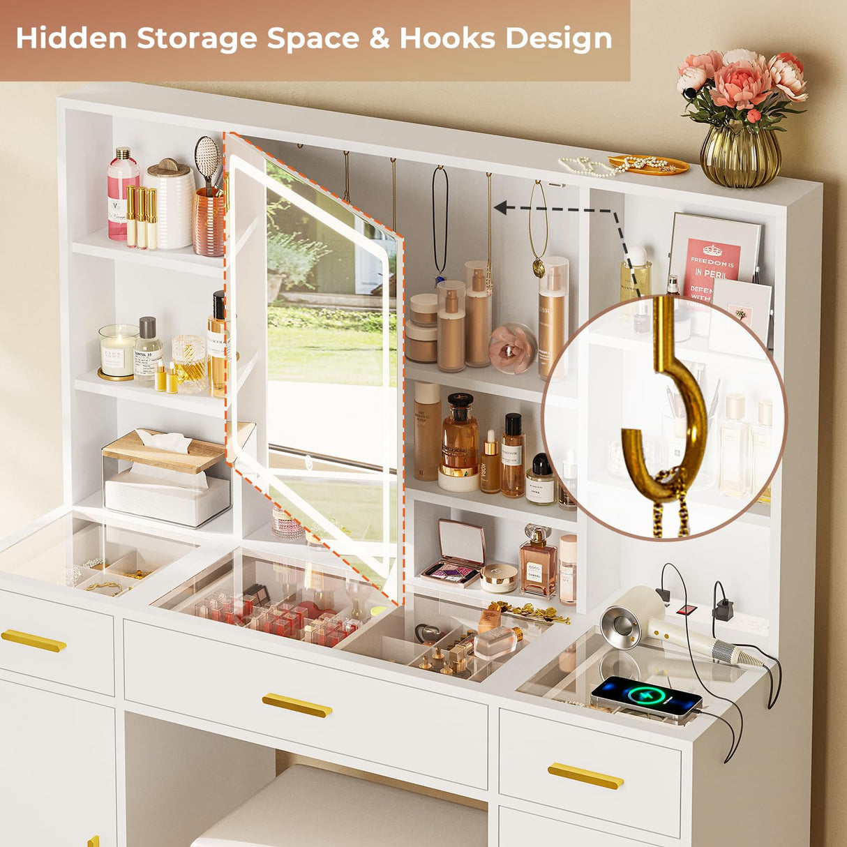 Vanity Desk with Openable Mirror and Lights, Glass Tabletop Makeup Vanity Set with Charging Station, White Vanity Table with 3 Drawers & 2 Cabinets, DIY Drawer Dividers, Hidden Hooks VIAGDO