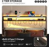 J.Fkne Full Bed Frames with Charging Station and LED Lights, Full Size Platform Bed with Metal Slats, Upholstered Headboard with 2-Tier Storage Shelves, No Box Spring Needed, Easy Assembly, Black J.Fkne