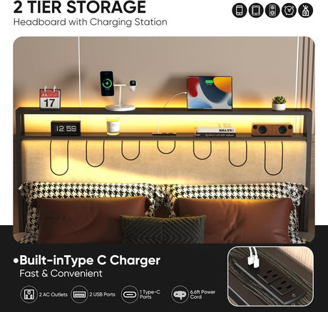 J.Fkne Full Bed Frames with Charging Station and LED Lights, Full Size Platform Bed with Metal Slats, Upholstered Headboard with 2-Tier Storage Shelves, No Box Spring Needed, Easy Assembly, Black J.Fkne