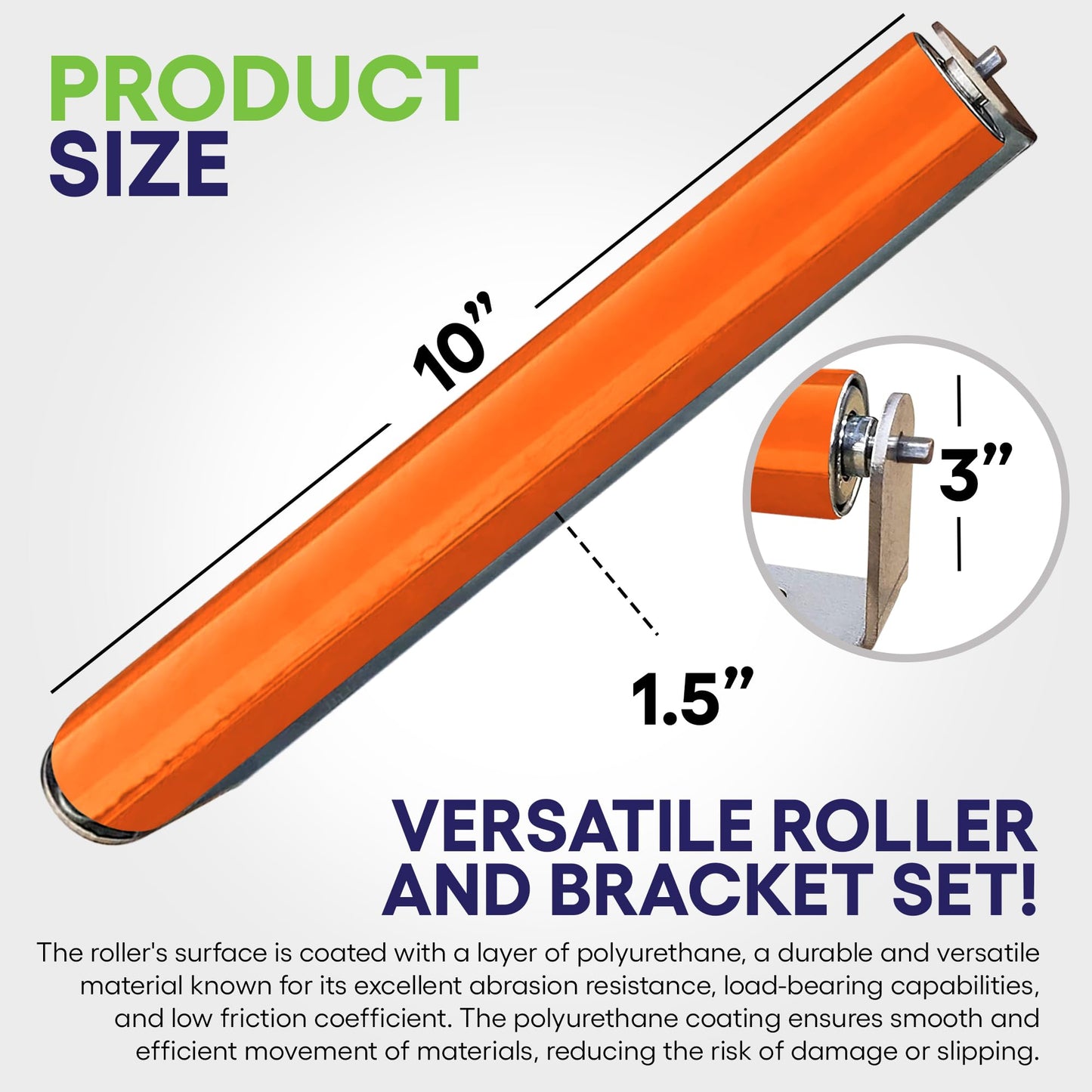 Ultimation 2 Pack Polyurethane Coated Roller with Bracket - Conveyor Rollers for Smooth Material Handling, Durable Construction - 1.5" Diameter Roller - 10" Between Frame, 9-7/16" Tube Length - WoodArtSupply