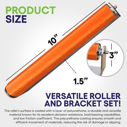 Ultimation 2 Pack Polyurethane Coated Roller with Bracket - Conveyor Rollers for Smooth Material Handling, Durable Construction - 1.5" Diameter Roller - 10" Between Frame, 9-7/16" Tube Length - WoodArtSupply