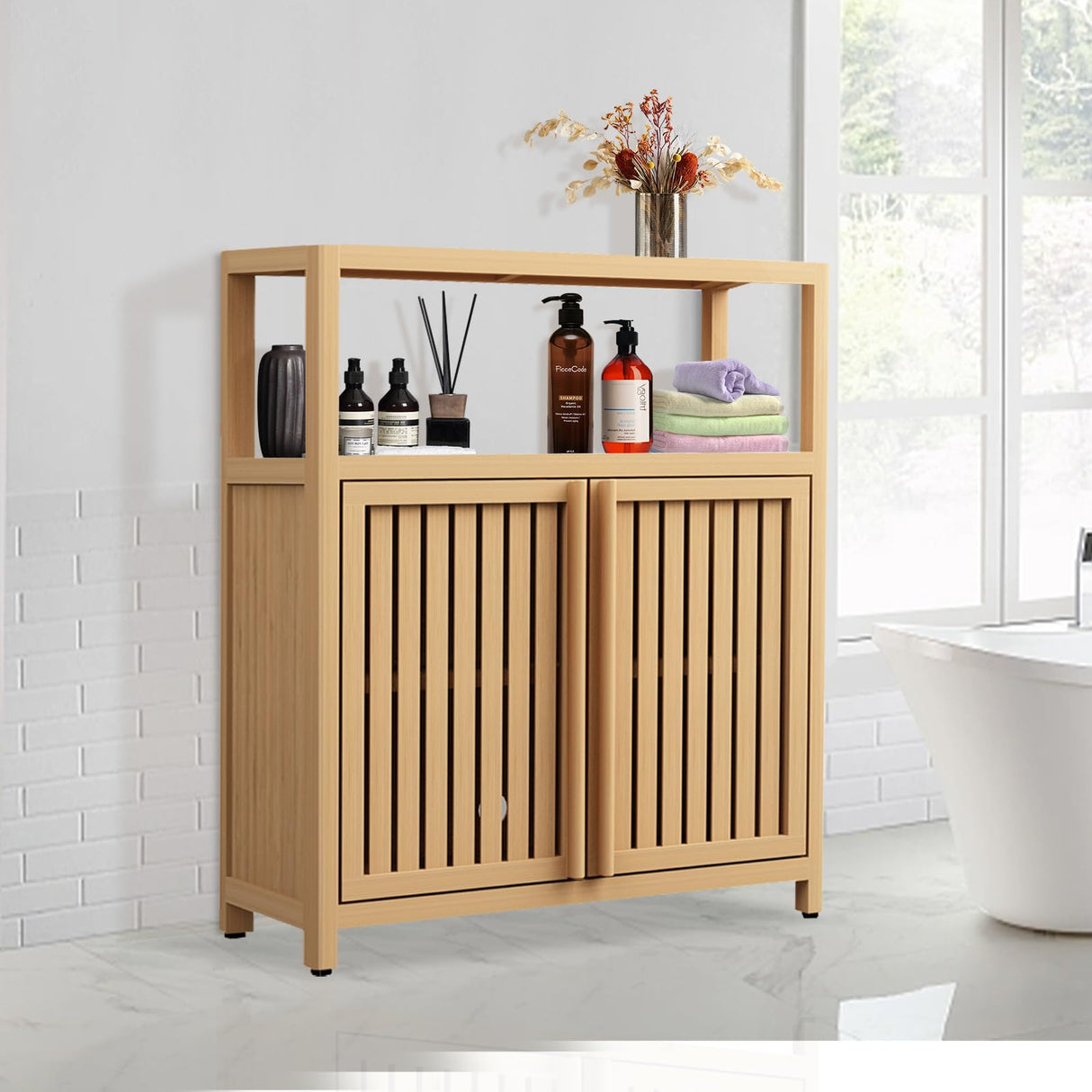 BAOMKONG Versatile Bamboo Storage Cabinet with Louvered Doors & Open Shelf - Ideal for Bathroom, Living Room, or Entryway BAOMKONG