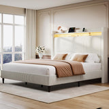 Queen Bed Frame with Tall Headboard, 55.3" Upholstered Platform Queen Size Bed Frame, Elegant Corduroy Wingback Bed with LED Lights & Charging Station, No Box Spring Needed, Solid Wood Slats, Cream Welzona