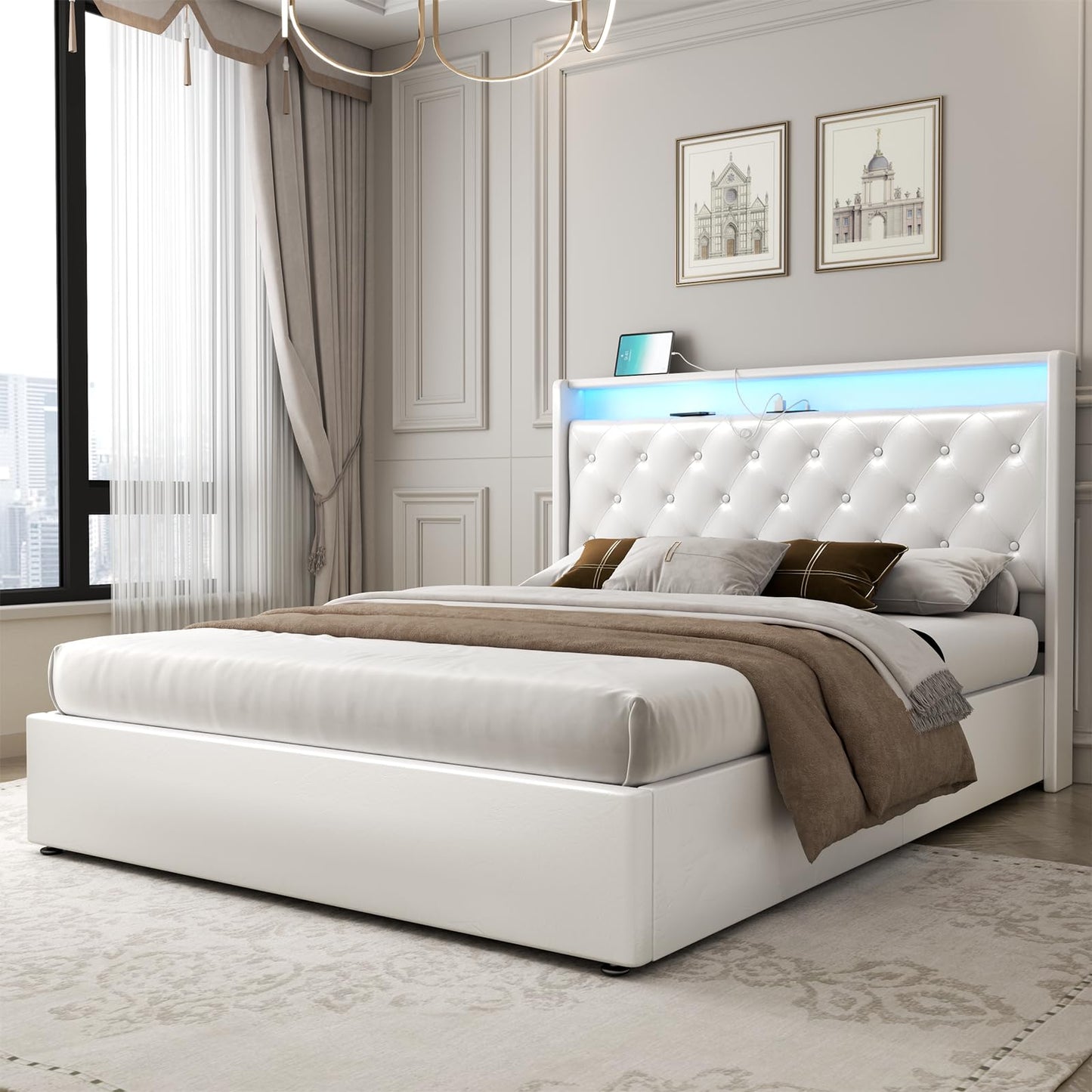 Loomie Queen Hydraulic Lift Bed Frame with LED Lights & Charging Station, White Leather Upholstered Wingback Design - WoodArtSupply