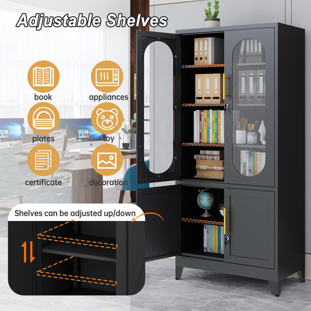 winiowa Metal Storage Cabinet with Adjustable Shelves，Garage Cabinet with 4 Lockable Doors, 71" Tall Kitchen Pantry Cabinets，Steel Locking Cabinets for Kitchen, Garage, Office,Living Room-Black winiowa