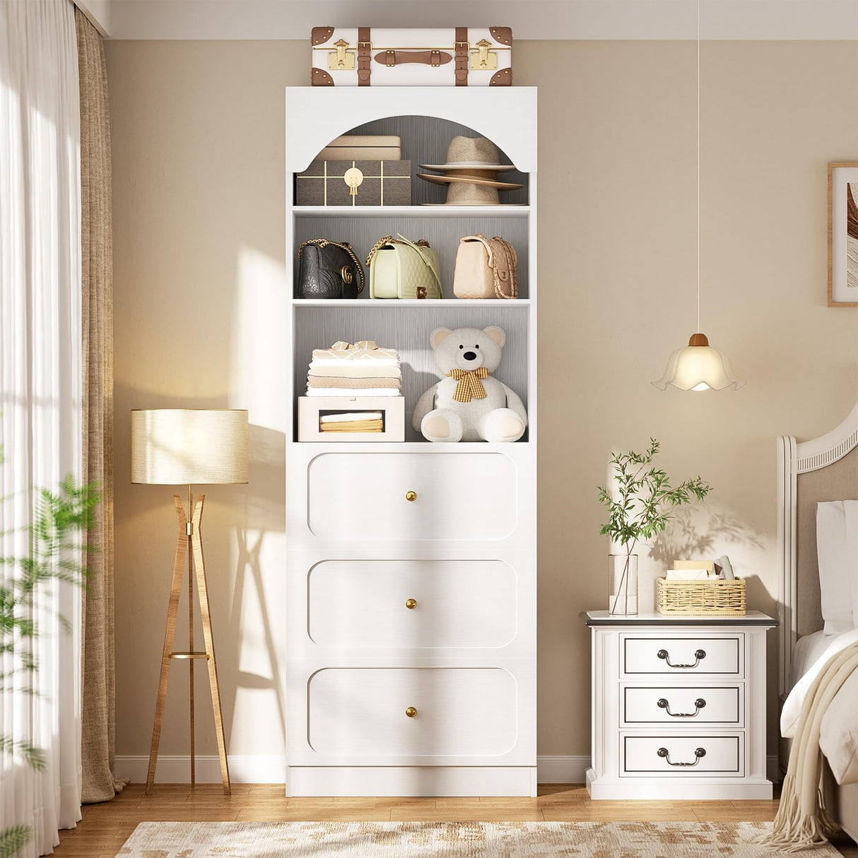 Cyclysio 80" Tall Bookshelf with 3 Drawers, Arched Bookcase with 3-Tier Open Shelves, Wooden Pantry Storage Organizer Cabinets with Seamless Fit Wall for Living Room, Kitchen, Bathroom (White) Cyclysio