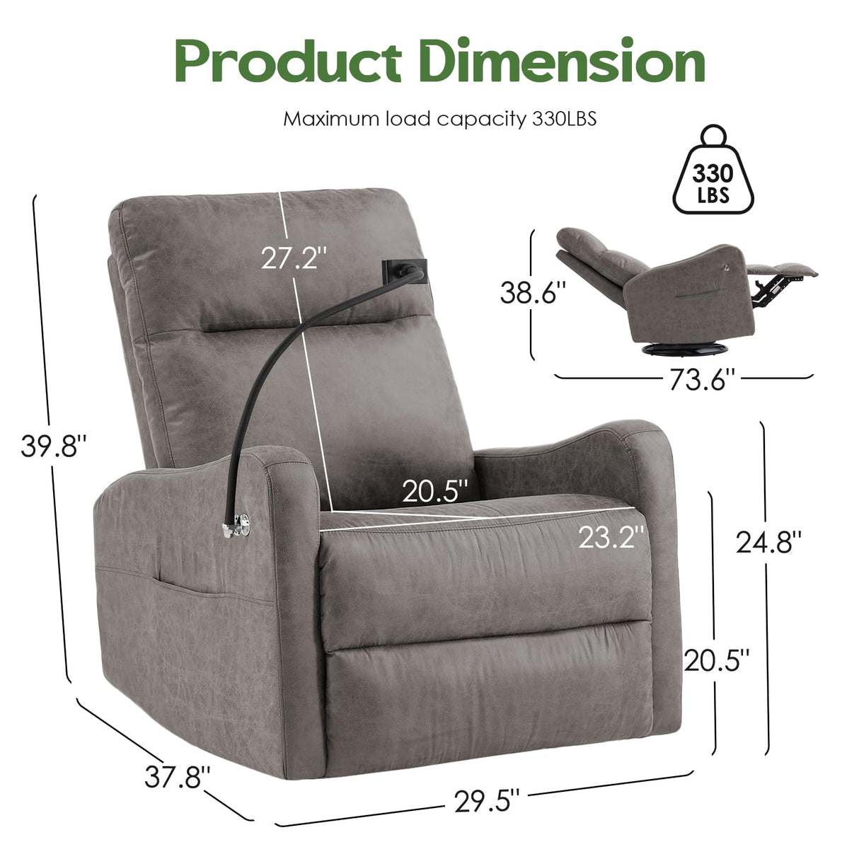 AYEASY Oversized Recliner Chair, Leather Swivel Rocking Chair Reclining with Phone Holder, Ergonomic Lazy Boy Fabric Sofa Chair with Lumbar Support, Manual Glider Chair for Living Room, RV, Grey AYEASY