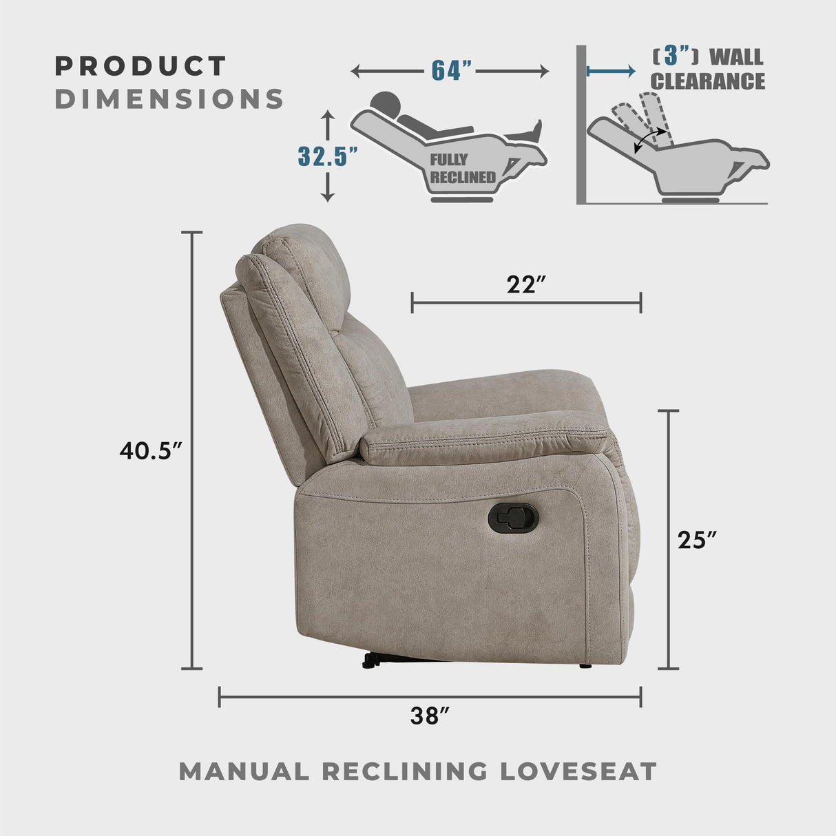 Lexicon Manual Double Reclining Loveseat, Polished Microfiber Manual Wall Hugger Loveseat Recliner for Living Room, Center Storage Console/Cup Holders, Easy Assembly, Dove Lexicon