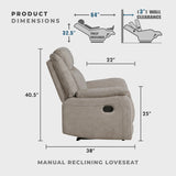 Lexicon Manual Double Reclining Loveseat, Polished Microfiber Manual Wall Hugger Loveseat Recliner for Living Room, Center Storage Console/Cup Holders, Easy Assembly, Dove Lexicon