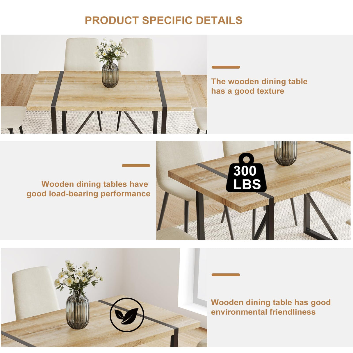 WIIS' IDEA Modern Dining Table Set for 4,Rectangular Solid Wood Dining Table for 4 People,Metal Base and Legs,Suitable for Living Room,Dining Room,Kitchen（55" Dining Table+4 Beige Dining Chairs） WIIS' IDEA
