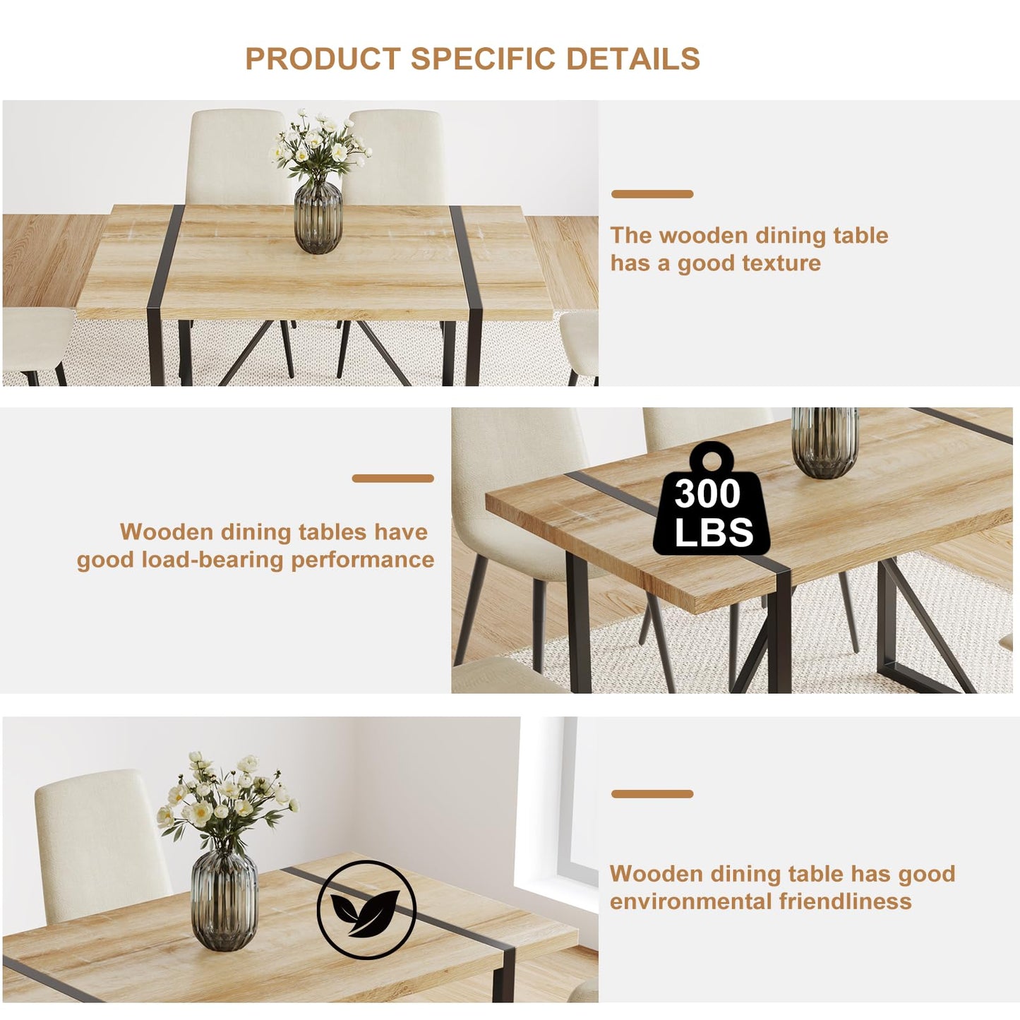 WIIS' IDEA Modern Dining Table Set for 4,Rectangular Solid Wood Dining Table for 4 People,Metal Base and Legs,Suitable for Living Room,Dining Room,Kitchen（55" Dining Table+4 Beige Dining Chai - WoodArtSupply