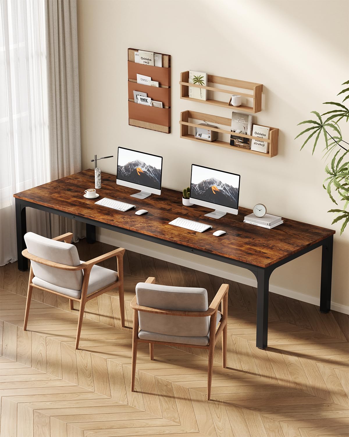 LITTLE TREE Two Person Desk, 78.7 Inches Extra Long Computer Desk, Wooden Large Office Desk with Strong Metal Legs, Double Desk for 2 People, Writing Table Study Desk for Home Office, Brown & Black LITTLE TREE