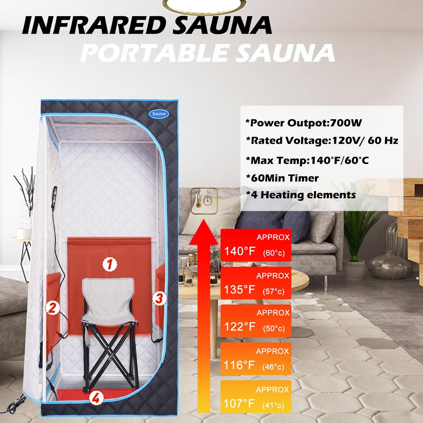 Wizzisauna Portable Infrared Sauna for Home Spa | Full Size 1 Person Sauna | Full Size Far Infrared Sauna Tent | with Heating Foot Pad, Portable Chair, (L29.1 x W29.1 x H66.5, Black)