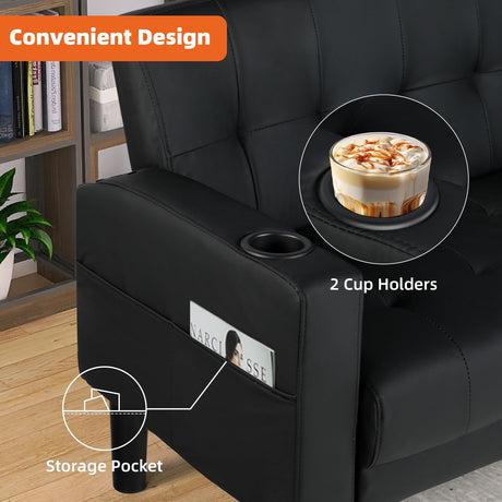 AILEEKISS 62" Loveseat Couches Upholstered Leather Love Seat Sofas Couch with 2 USB, Cup Holders, Side Pocket, Mid-Century Modern Tufted Sofa for Living Room,Office,Bedroom,Apartment (Black, 2-Seat) AILEEKISS