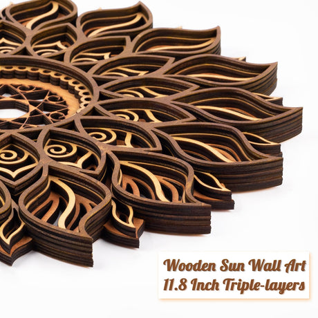ADDMES 11.8 Inch Sun Wall Decor, Wooden Mandala Wall Art, Hollowed-out Sun Hanging Sign, Multi-layers Lotus Flower Wall Decor, Spiritual Room Decor for Bedroom, Living Room, Farmhouse Decor ADDMES