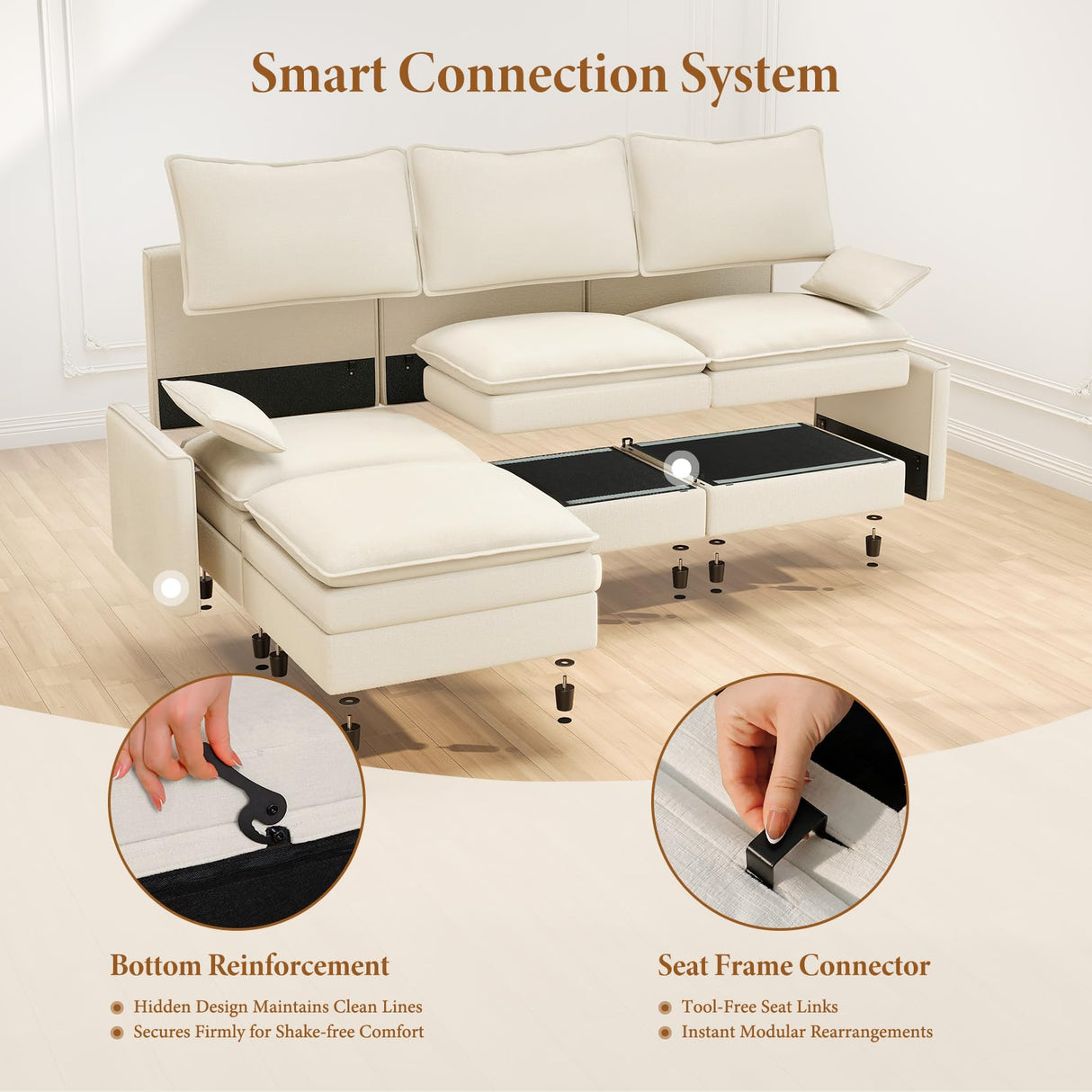 Vesgantti 108" Modular Sectional Sofa, Comfy Cloud Couch with Movable Ottoman Deep Seat Chenille L Shaped Modular Sofa, Sectional Couches for Living Room, Bedroom and Apartment, Beige Vesgantti