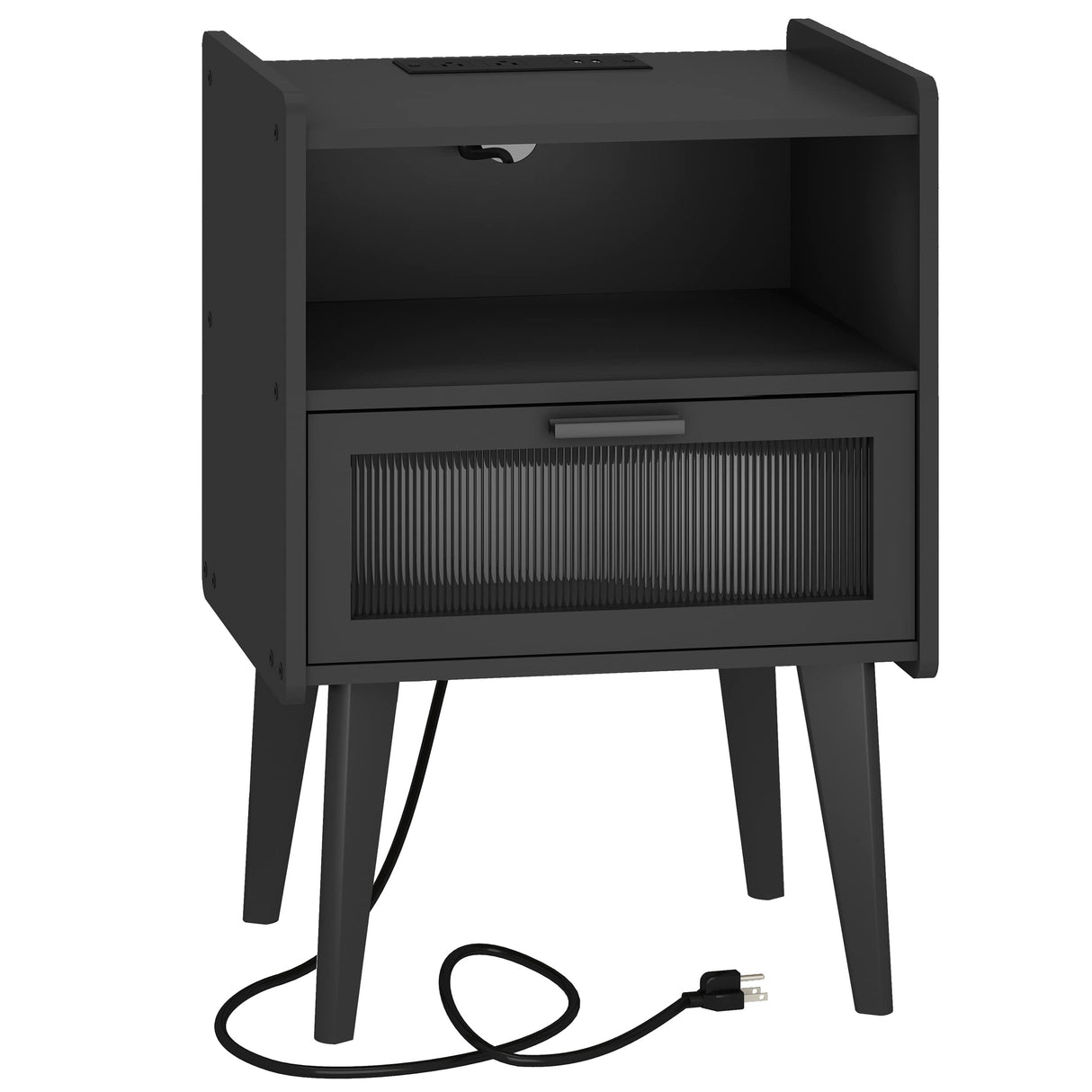 MMEOLUOOK Nightstand with Charging Station, Bedside Tables, End Table Side Table with 2 Tiers Storage Space, for Bedroom, Living Room, Black MLBZ07BE MMEOLUOOK