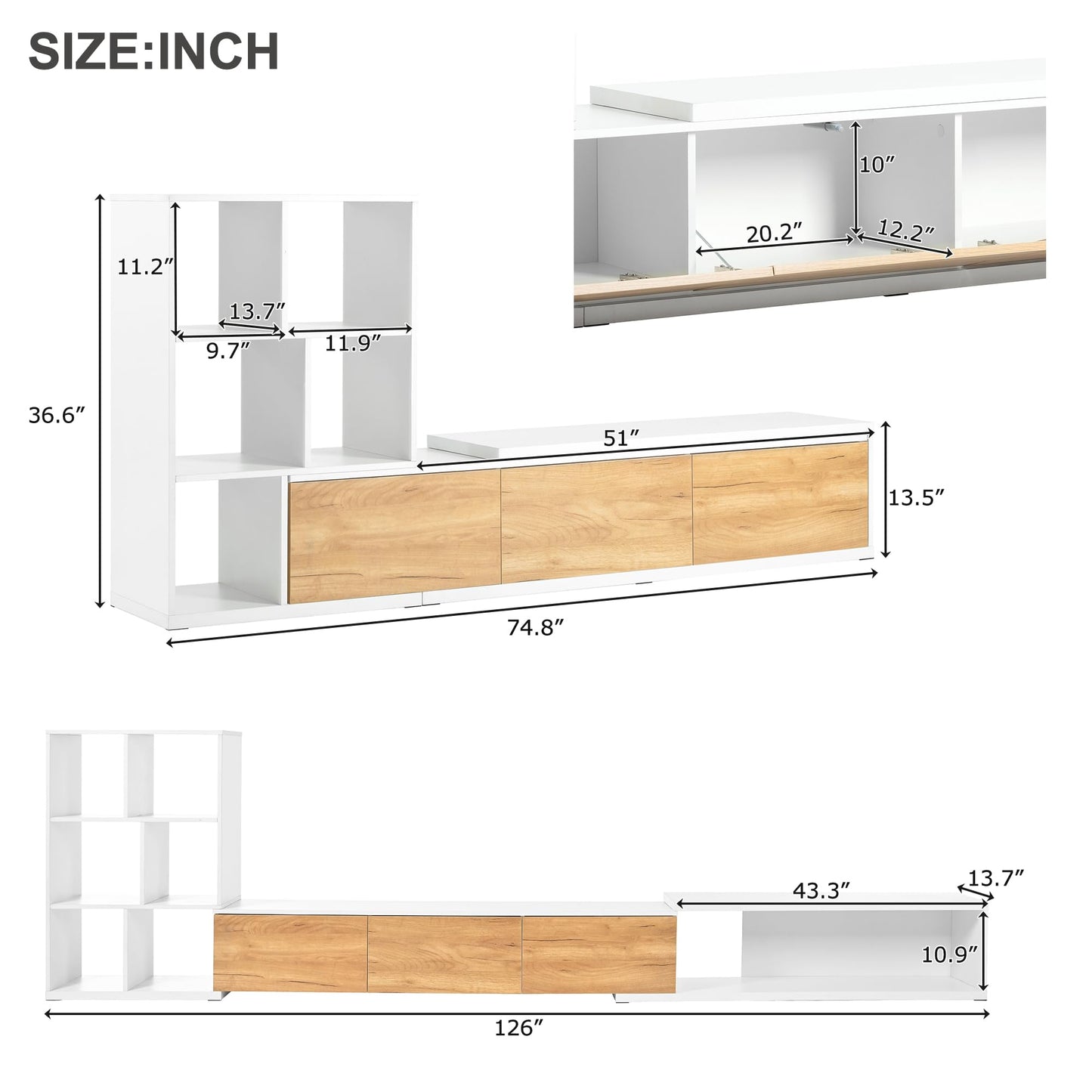 THINK 30 74.8''-126'' Extendable TV Stand with 3 Tier Bookshelves for TVs up to 110'', Adjustable Entertainment Center with Storage Cabinets, Sliding Tabletop Media Console for Living Room, White