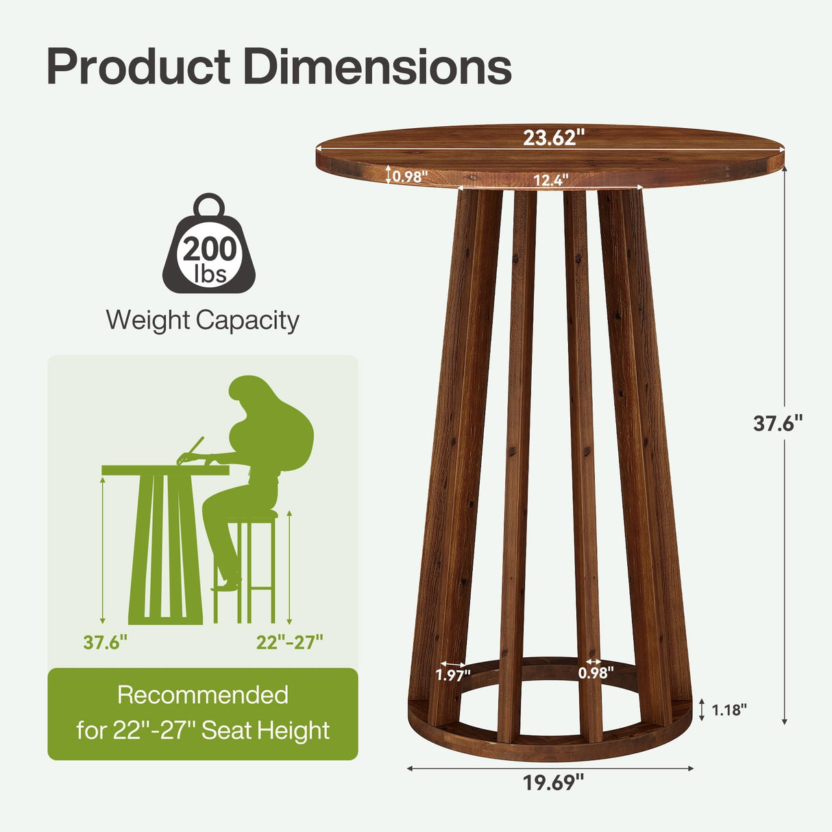 LITTLE TREE Round Bar Table, 37.6 inch H Farmhouse Wooden Bistro Pub Table with Solid Wood Legs, Small Pub Cocktail Tables for Dining, Cafe, Living Room, Apartment, Balcony LITTLE TREE