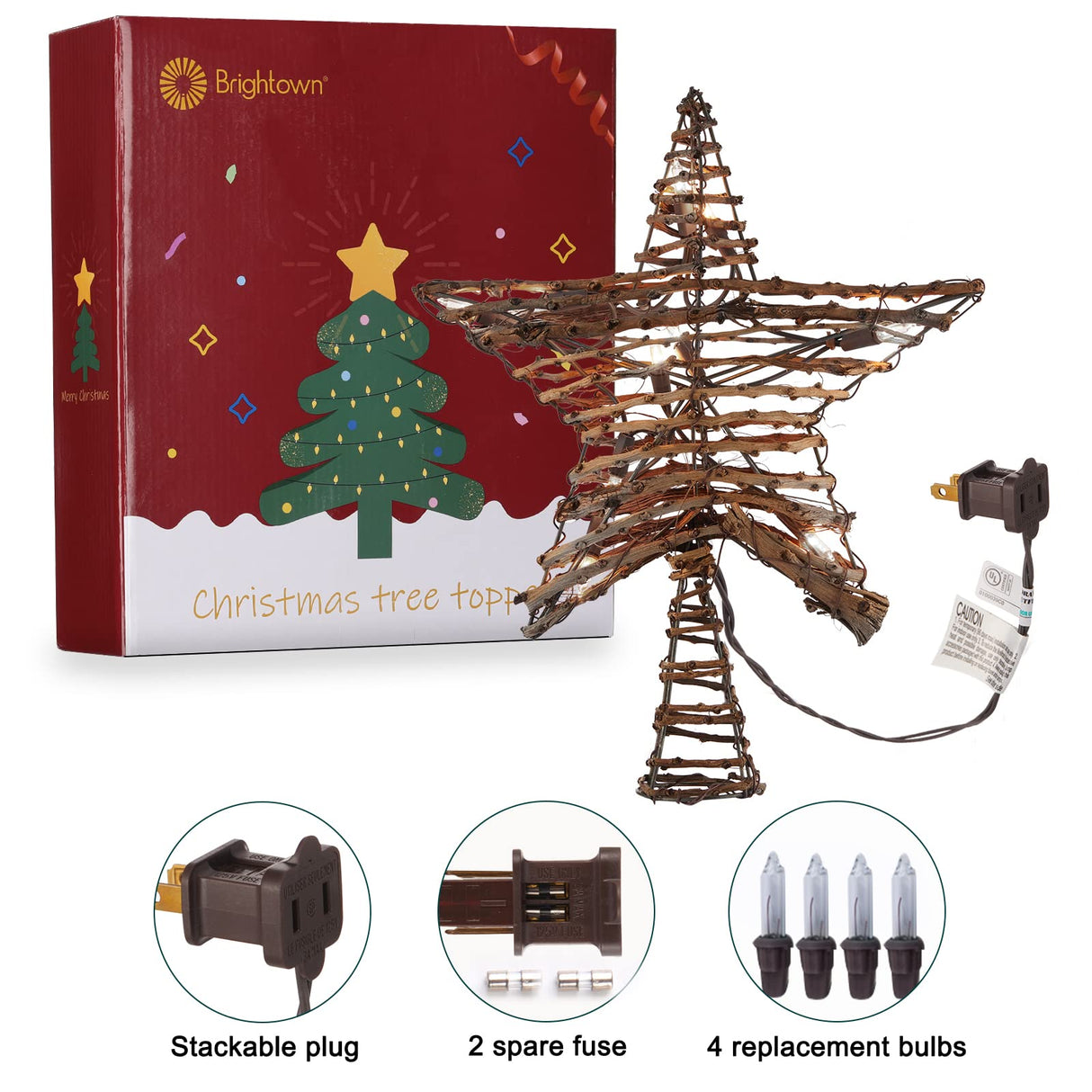 Christmas Star Tree Topper, Plug in 12" Rattan 3D Star Tree Topper, Rustic Rattan Natural Star, Built-in 10-Bulb String Lights for Christmas Tree Decoration New Year Holiday Home Office Indoor Brightown