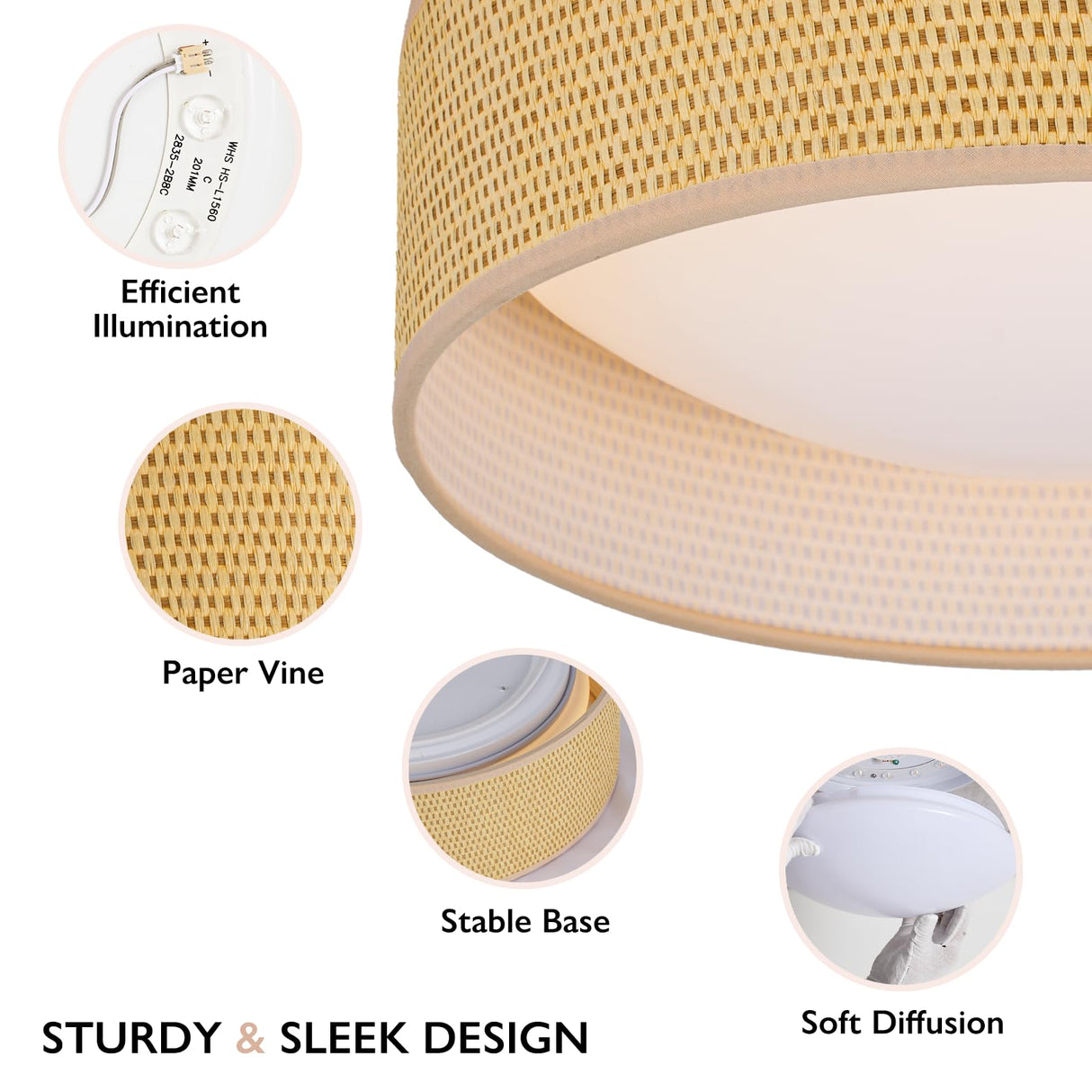 CALOKES 13" Woven Rattan-Style Boho Flush Mount Ceiling Light, LED 24W 3000K Closed to Ceiling Light Fixture with Classic Linen Drum Design for Bedrooms, Kitchen, Dining Room, Hallway CALOKES