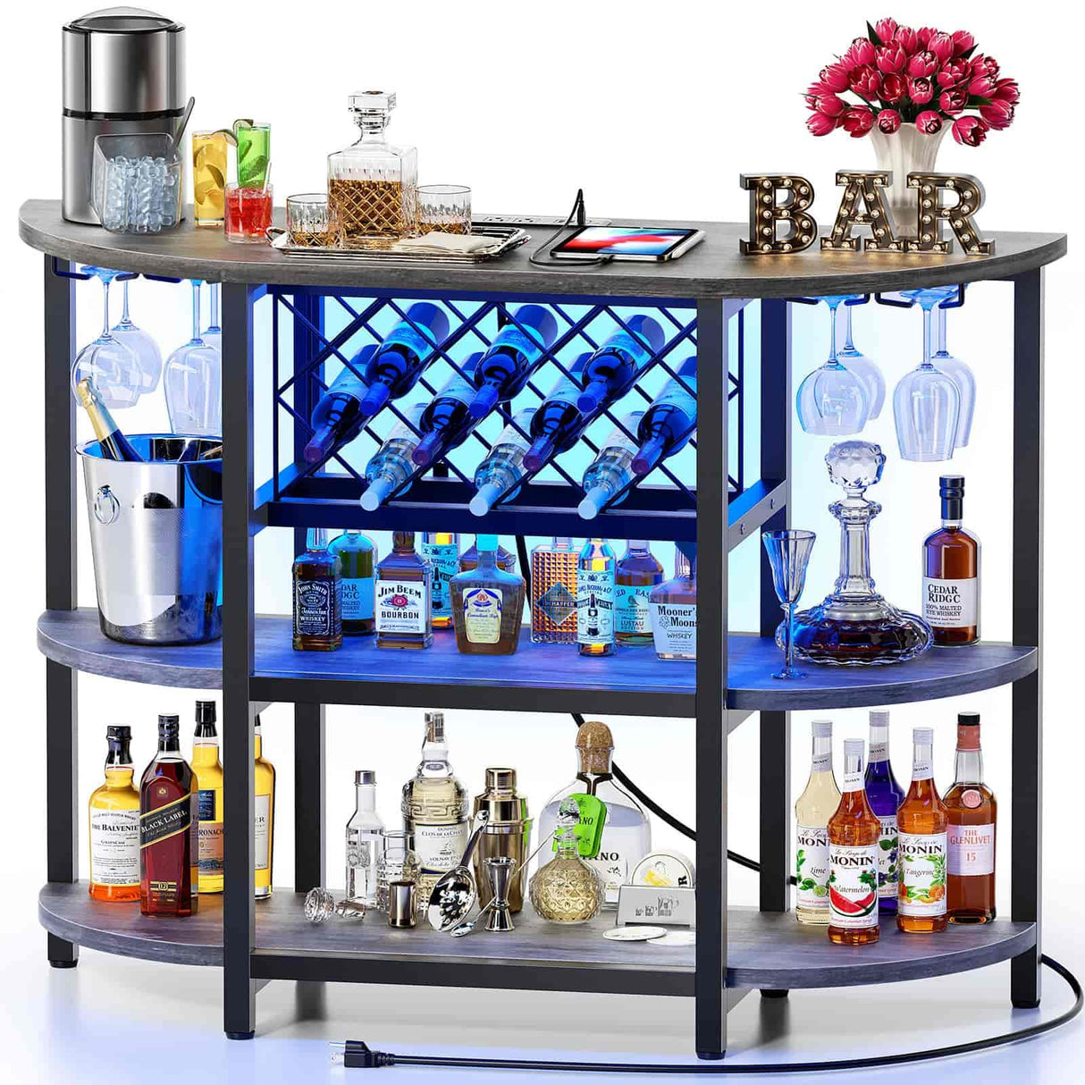 Zarler Grey Mini Bar Cabinet with LED Lights and Power Outlet – Stylish 4-Tier Liquor Stand Zarler