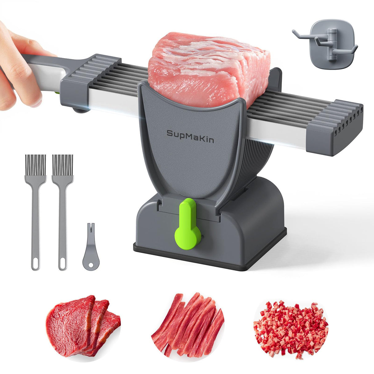 Fresh Meat Slicer, Thickness Adjustable 2 or 4 mm, 17 IN 1 Stainless Steel Cleaver Kitchen Knife, Manual Meat Cutter Jerky Slicer for Beef Pork, Not Suit for Frozen or Deil Meat (Gray) SupMaKin