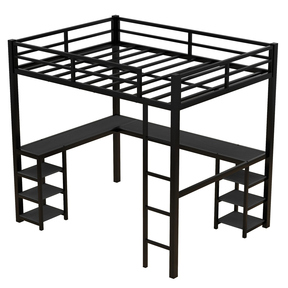 Full Size Loft Bed with Desk and Storage Shelves, Heavy Duty Metal Loft Bed with Black Desk and Guardrail, Full Size Loft Bed for Kids, Teens(Full Black Desk) Bellemave