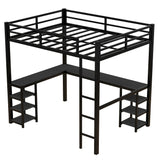 Full Size Loft Bed with Desk and Storage Shelves, Heavy Duty Metal Loft Bed with Black Desk and Guardrail, Full Size Loft Bed for Kids, Teens(Full Black Desk) Bellemave