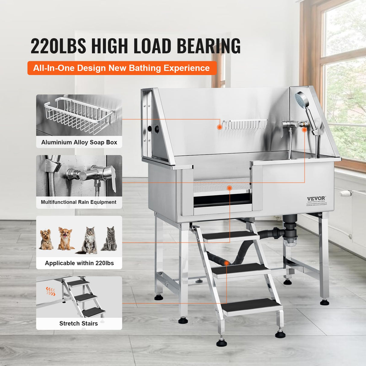 VEVOR 38" Pet Dog Bathing Station w/Ramp, Professional Stainless Steel Dog Grooming Tub w/Storage Drawer, Floor Grate, Faucet, Dog Bathtub for Large,Medium,Small Pets, Washing Sink for Home(Left) VEVOR