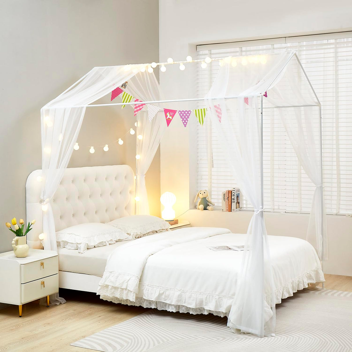 Mengersi House Bed Canopy Bed Curtains with Lights,Montessori Floor Bed Canopy for Girls Boys,Four Poster Bed Curtains House Bed Decoration (Twin/Twin XL, White) Mengersi