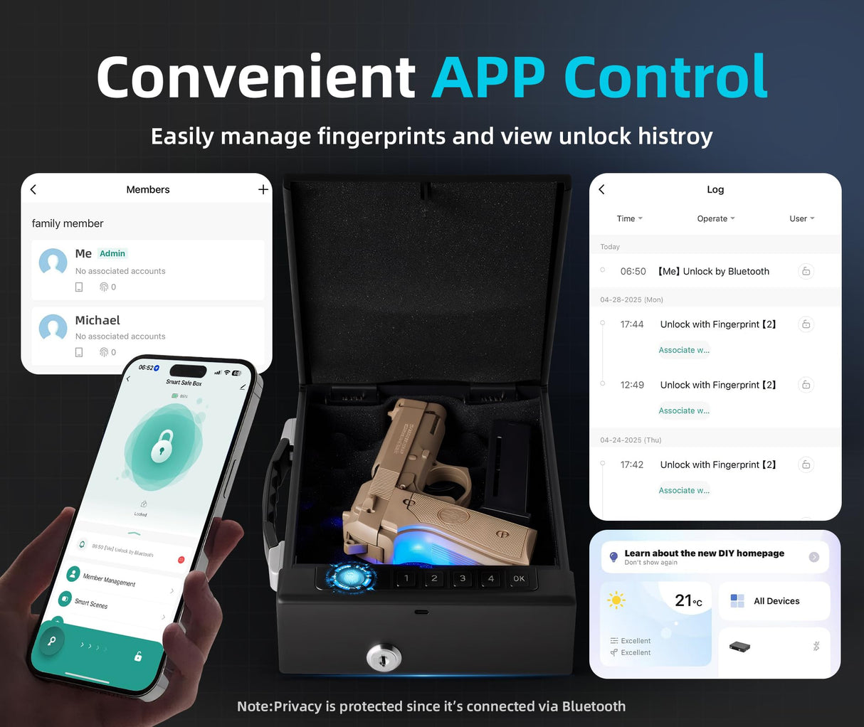 Gun Safe with Handle, Biometric Gun Safe for Handgun, 4-Ways unlock with Sound(APP, Fingerprint, Digital PIN, Key), Smart Lock Box For Cloakroom, Living Room, Bedroom Nightstand and Car Swikitec