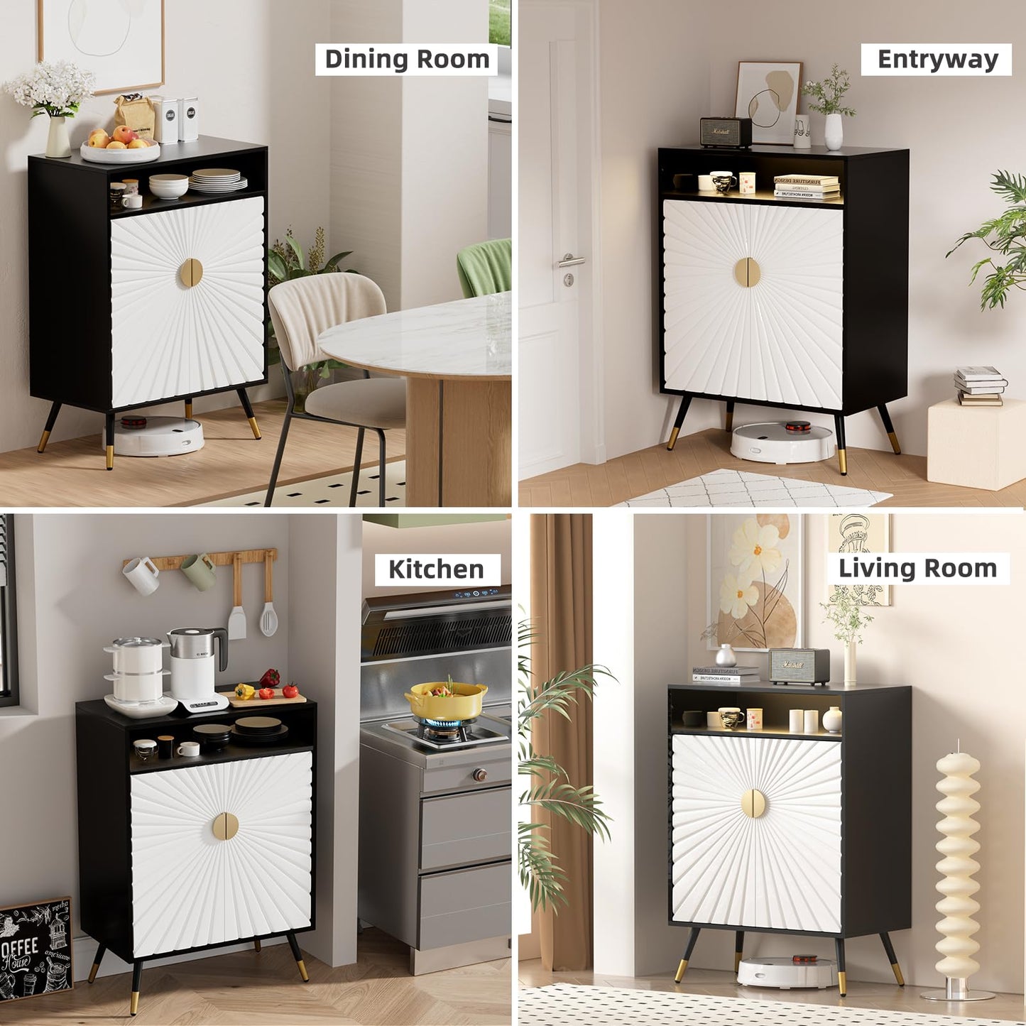 EOYUTLLY Buffet Cabinet with Storage, Black Sideboard Cabinet with Power Outlet & LED Light, Modern Accent Storage Cabinet with 2-Doors & Adjustable Shelves & Gold Handle for Entryway, Black+White