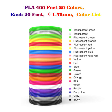 3D Pen Filament 400 Feet 20 Colors, dikale 3D Printing Pen Refills PLA Bonus 250 Stencil eBook, 3D Printer Pen Filament 1.75mm Smooth Printing dikale